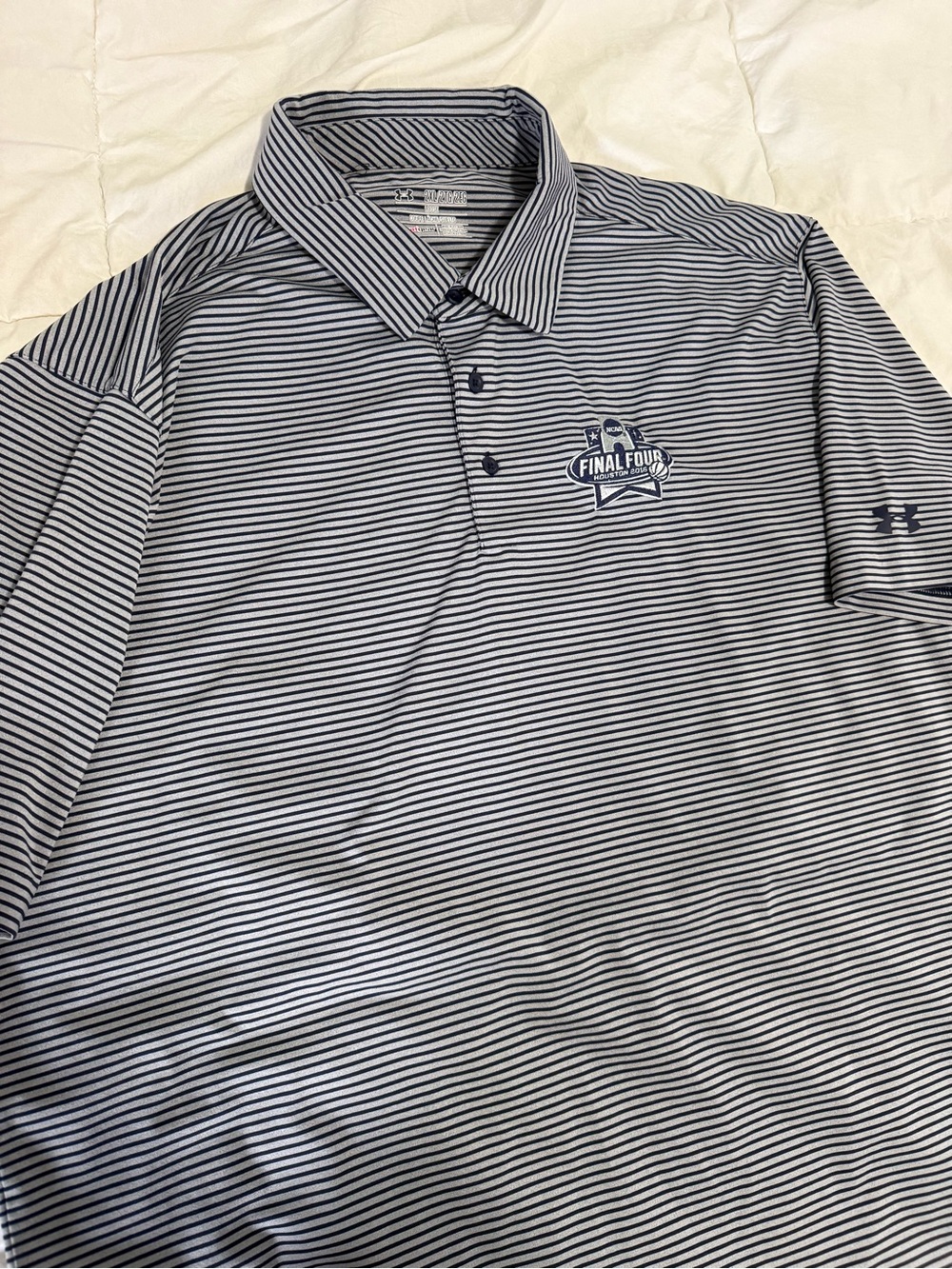 Under Armour Men’s Navy and White Striped Polo with Final Four Logo